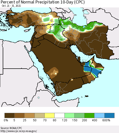 Middle East and Turkey Percent of Normal Precipitation 10-Day (CPC) Thematic Map For 10/21/2021 - 10/31/2021