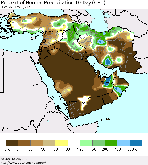 Middle East and Turkey Percent of Normal Precipitation 10-Day (CPC) Thematic Map For 10/26/2021 - 11/5/2021