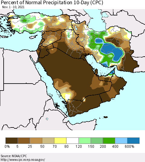 Middle East and Turkey Percent of Normal Precipitation 10-Day (CPC) Thematic Map For 11/1/2021 - 11/10/2021