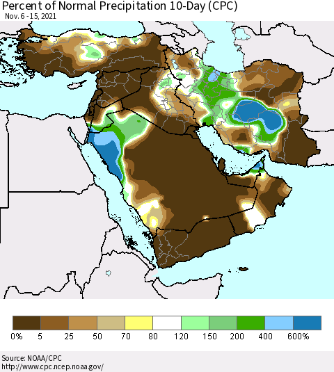 Middle East and Turkey Percent of Normal Precipitation 10-Day (CPC) Thematic Map For 11/6/2021 - 11/15/2021