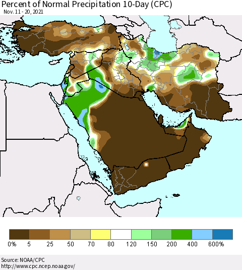 Middle East and Turkey Percent of Normal Precipitation 10-Day (CPC) Thematic Map For 11/11/2021 - 11/20/2021