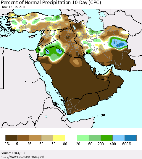 Middle East and Turkey Percent of Normal Precipitation 10-Day (CPC) Thematic Map For 11/16/2021 - 11/25/2021