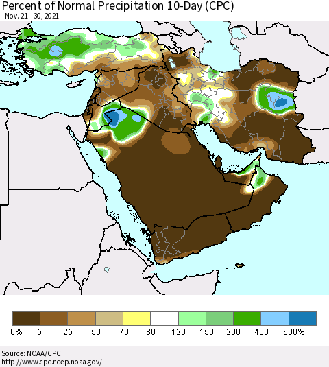 Middle East and Turkey Percent of Normal Precipitation 10-Day (CPC) Thematic Map For 11/21/2021 - 11/30/2021