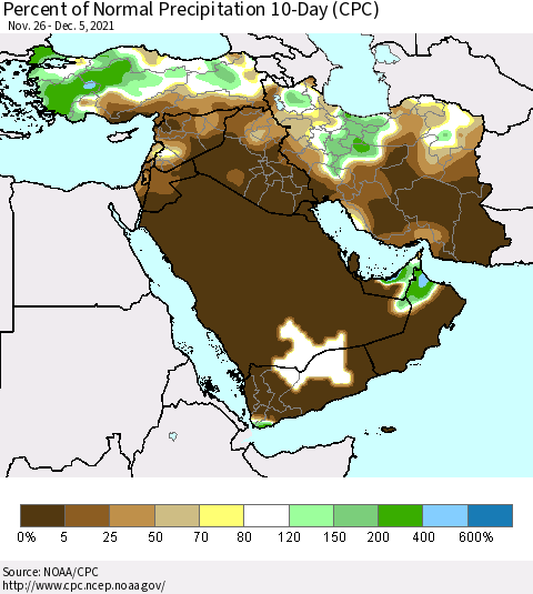 Middle East and Turkey Percent of Normal Precipitation 10-Day (CPC) Thematic Map For 11/26/2021 - 12/5/2021
