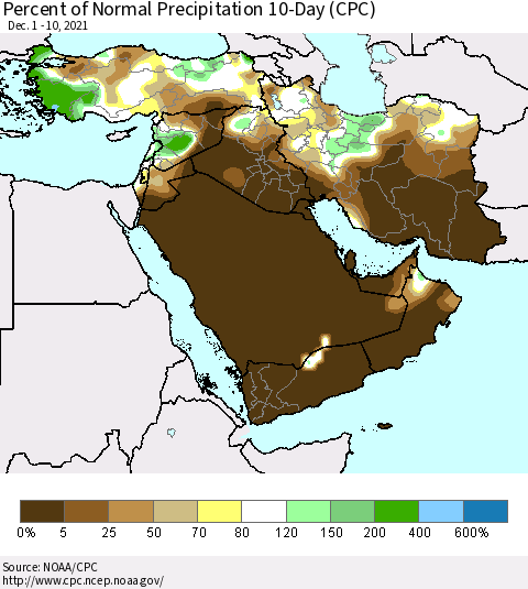 Middle East and Turkey Percent of Normal Precipitation 10-Day (CPC) Thematic Map For 12/1/2021 - 12/10/2021