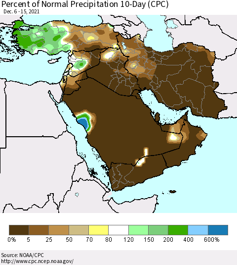 Middle East and Turkey Percent of Normal Precipitation 10-Day (CPC) Thematic Map For 12/6/2021 - 12/15/2021