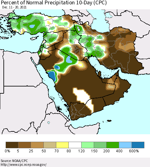 Middle East and Turkey Percent of Normal Precipitation 10-Day (CPC) Thematic Map For 12/11/2021 - 12/20/2021