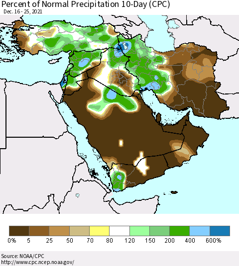 Middle East and Turkey Percent of Normal Precipitation 10-Day (CPC) Thematic Map For 12/16/2021 - 12/25/2021