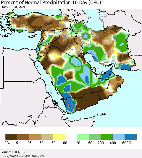 Middle East and Turkey Percent of Normal Precipitation 10-Day (CPC) Thematic Map For 12/21/2021 - 12/31/2021