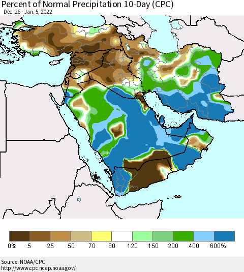 Middle East and Turkey Percent of Normal Precipitation 10-Day (CPC) Thematic Map For 12/26/2021 - 1/5/2022