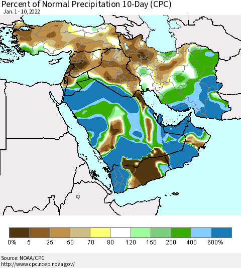 Middle East and Turkey Percent of Normal Precipitation 10-Day (CPC) Thematic Map For 1/1/2022 - 1/10/2022