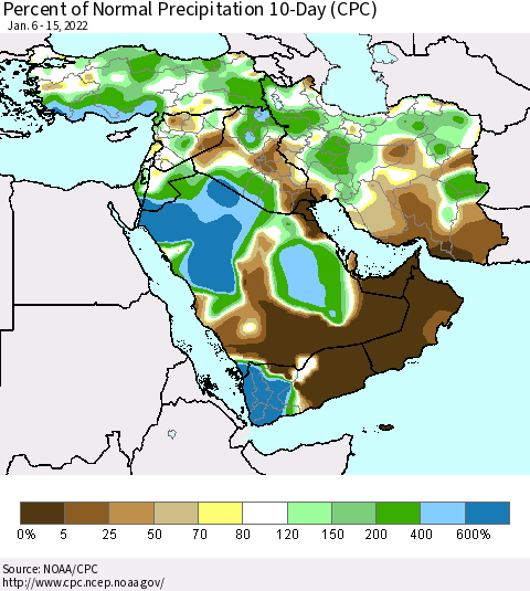 Middle East and Turkey Percent of Normal Precipitation 10-Day (CPC) Thematic Map For 1/6/2022 - 1/15/2022