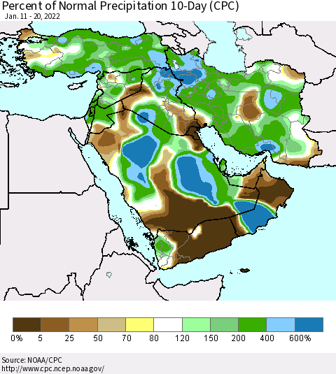 Middle East and Turkey Percent of Normal Precipitation 10-Day (CPC) Thematic Map For 1/11/2022 - 1/20/2022