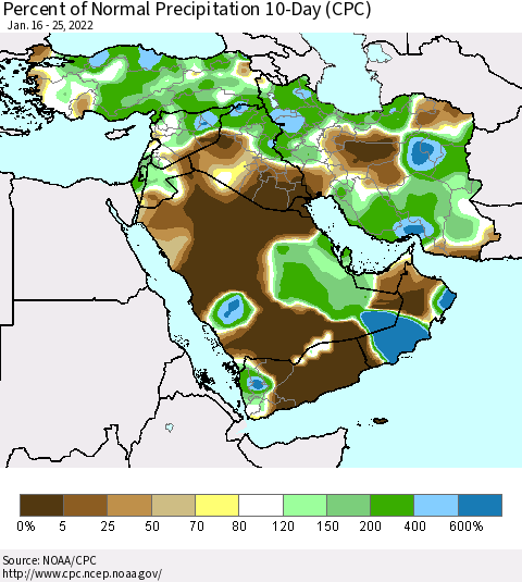Middle East and Turkey Percent of Normal Precipitation 10-Day (CPC) Thematic Map For 1/16/2022 - 1/25/2022