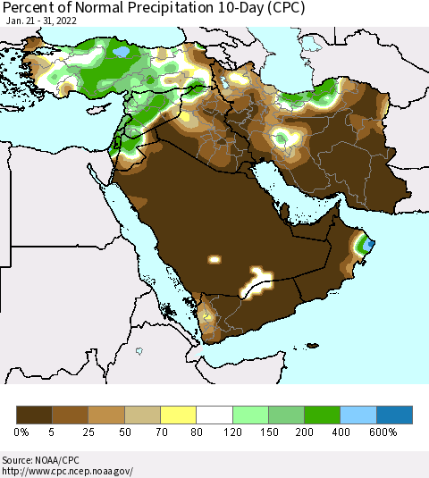 Middle East and Turkey Percent of Normal Precipitation 10-Day (CPC) Thematic Map For 1/21/2022 - 1/31/2022