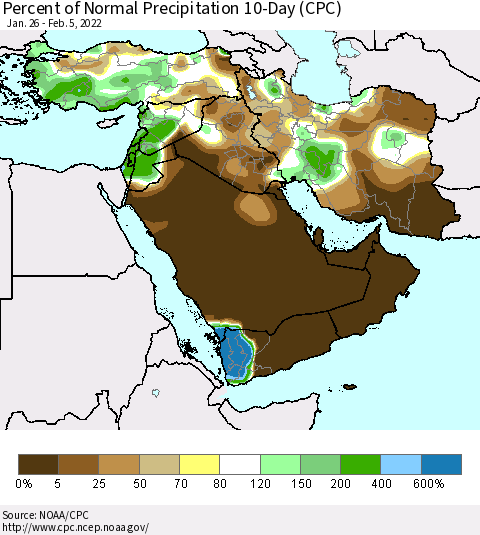 Middle East and Turkey Percent of Normal Precipitation 10-Day (CPC) Thematic Map For 1/26/2022 - 2/5/2022