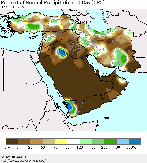 Middle East and Turkey Percent of Normal Precipitation 10-Day (CPC) Thematic Map For 2/6/2022 - 2/15/2022