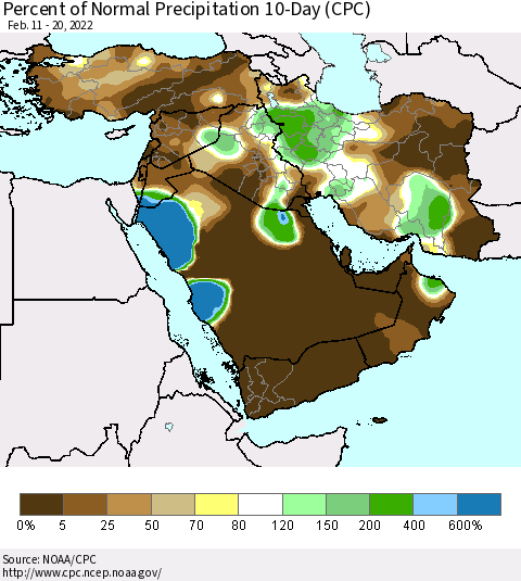 Middle East and Turkey Percent of Normal Precipitation 10-Day (CPC) Thematic Map For 2/11/2022 - 2/20/2022