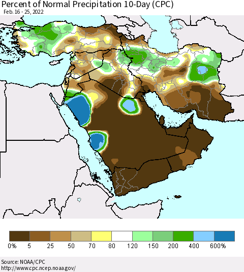 Middle East and Turkey Percent of Normal Precipitation 10-Day (CPC) Thematic Map For 2/16/2022 - 2/25/2022