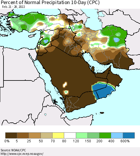 Middle East and Turkey Percent of Normal Precipitation 10-Day (CPC) Thematic Map For 2/21/2022 - 2/28/2022