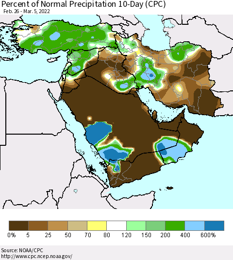 Middle East and Turkey Percent of Normal Precipitation 10-Day (CPC) Thematic Map For 2/26/2022 - 3/5/2022