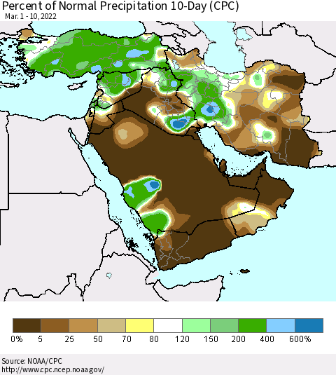 Middle East and Turkey Percent of Normal Precipitation 10-Day (CPC) Thematic Map For 3/1/2022 - 3/10/2022