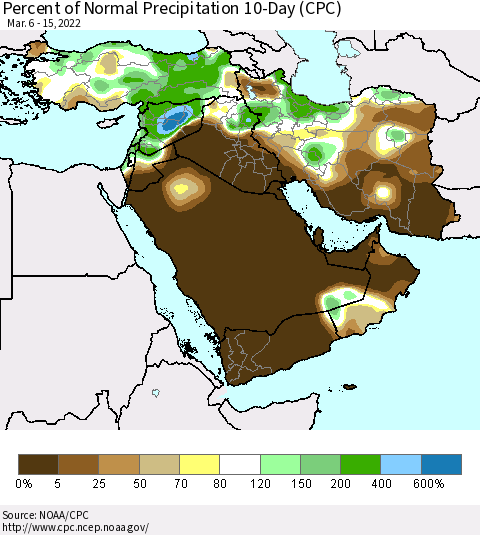 Middle East and Turkey Percent of Normal Precipitation 10-Day (CPC) Thematic Map For 3/6/2022 - 3/15/2022