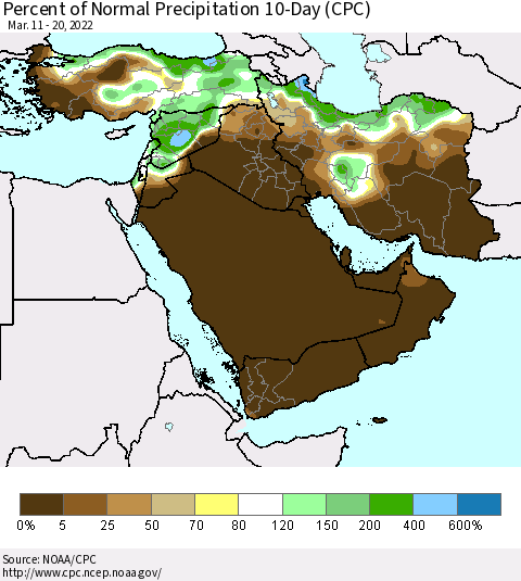 Middle East and Turkey Percent of Normal Precipitation 10-Day (CPC) Thematic Map For 3/11/2022 - 3/20/2022