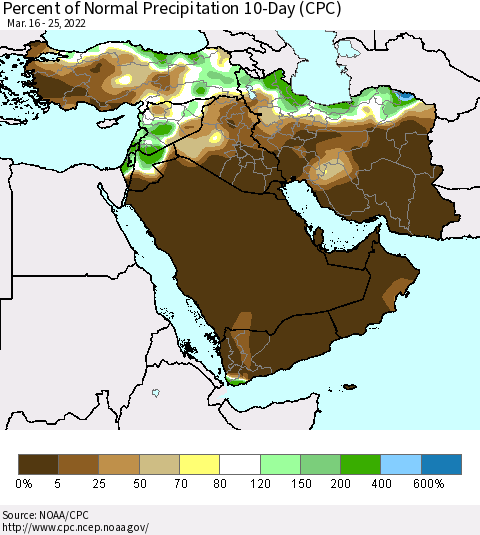 Middle East and Turkey Percent of Normal Precipitation 10-Day (CPC) Thematic Map For 3/16/2022 - 3/25/2022