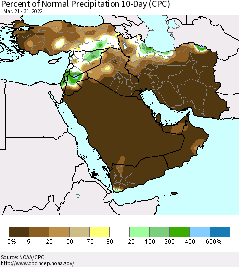 Middle East and Turkey Percent of Normal Precipitation 10-Day (CPC) Thematic Map For 3/21/2022 - 3/31/2022