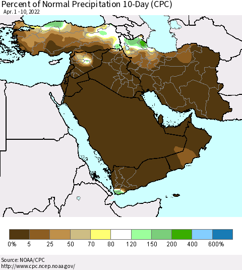 Middle East and Turkey Percent of Normal Precipitation 10-Day (CPC) Thematic Map For 4/1/2022 - 4/10/2022