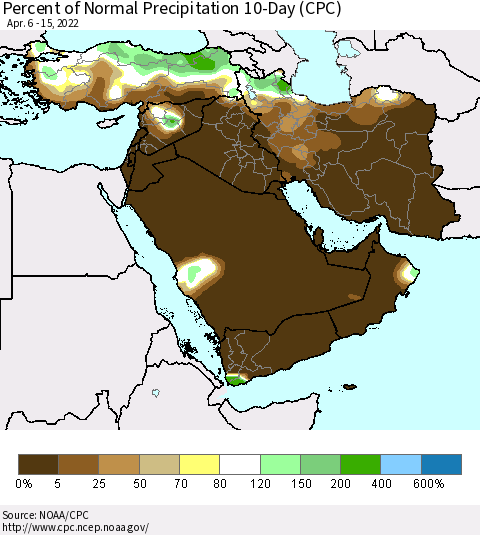 Middle East and Turkey Percent of Normal Precipitation 10-Day (CPC) Thematic Map For 4/6/2022 - 4/15/2022