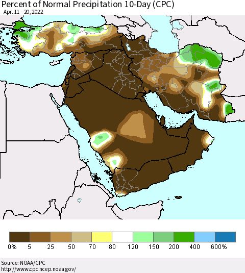 Middle East and Turkey Percent of Normal Precipitation 10-Day (CPC) Thematic Map For 4/11/2022 - 4/20/2022