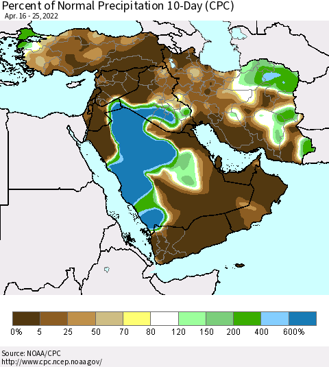 Middle East and Turkey Percent of Normal Precipitation 10-Day (CPC) Thematic Map For 4/16/2022 - 4/25/2022