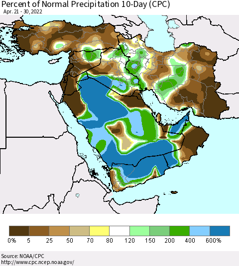 Middle East and Turkey Percent of Normal Precipitation 10-Day (CPC) Thematic Map For 4/21/2022 - 4/30/2022