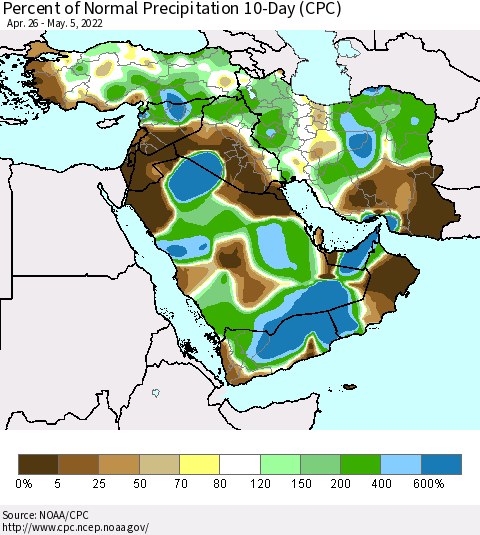 Middle East and Turkey Percent of Normal Precipitation 10-Day (CPC) Thematic Map For 4/26/2022 - 5/5/2022