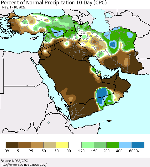 Middle East and Turkey Percent of Normal Precipitation 10-Day (CPC) Thematic Map For 5/1/2022 - 5/10/2022