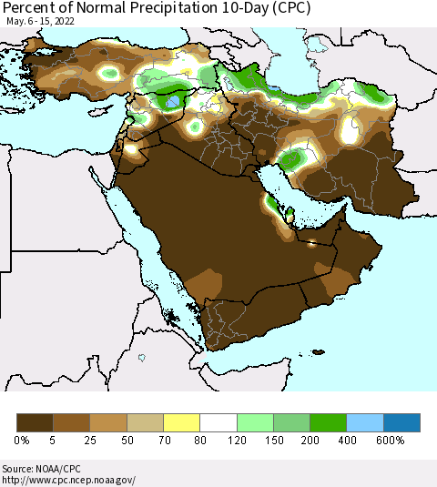 Middle East and Turkey Percent of Normal Precipitation 10-Day (CPC) Thematic Map For 5/6/2022 - 5/15/2022