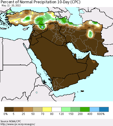 Middle East and Turkey Percent of Normal Precipitation 10-Day (CPC) Thematic Map For 5/11/2022 - 5/20/2022