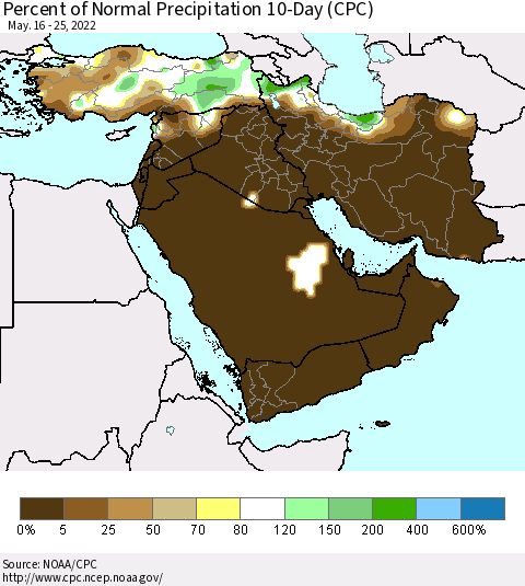 Middle East and Turkey Percent of Normal Precipitation 10-Day (CPC) Thematic Map For 5/16/2022 - 5/25/2022