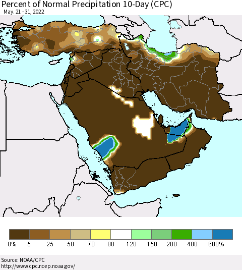 Middle East and Turkey Percent of Normal Precipitation 10-Day (CPC) Thematic Map For 5/21/2022 - 5/31/2022