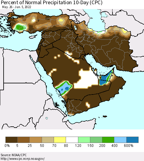 Middle East and Turkey Percent of Normal Precipitation 10-Day (CPC) Thematic Map For 5/26/2022 - 6/5/2022