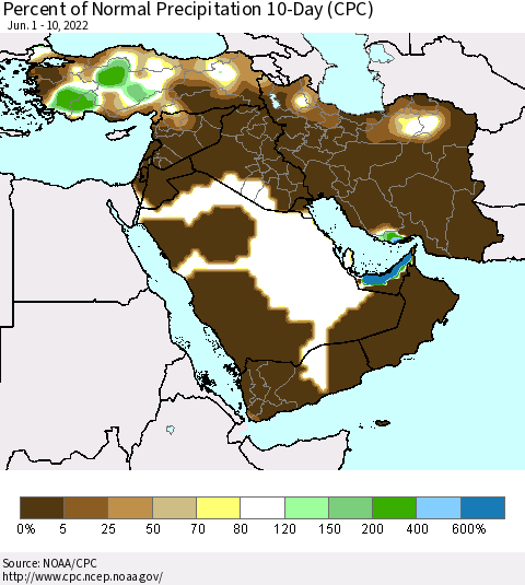 Middle East and Turkey Percent of Normal Precipitation 10-Day (CPC) Thematic Map For 6/1/2022 - 6/10/2022