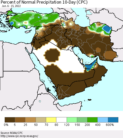 Middle East and Turkey Percent of Normal Precipitation 10-Day (CPC) Thematic Map For 6/6/2022 - 6/15/2022