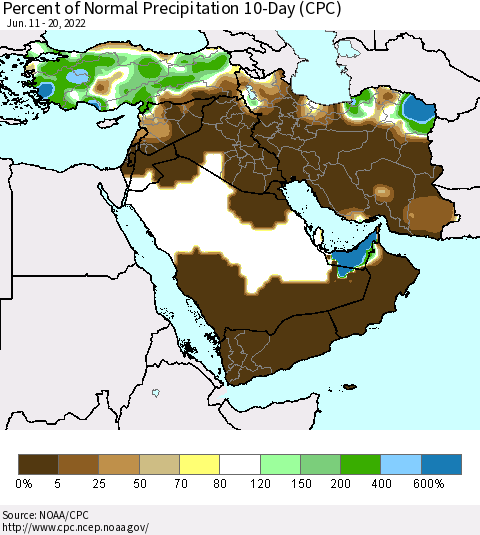 Middle East and Turkey Percent of Normal Precipitation 10-Day (CPC) Thematic Map For 6/11/2022 - 6/20/2022