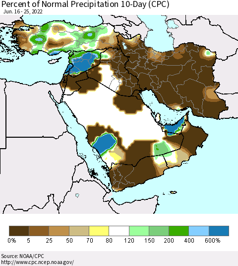 Middle East and Turkey Percent of Normal Precipitation 10-Day (CPC) Thematic Map For 6/16/2022 - 6/25/2022