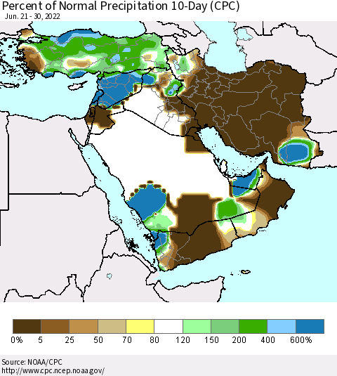 Middle East and Turkey Percent of Normal Precipitation 10-Day (CPC) Thematic Map For 6/21/2022 - 6/30/2022