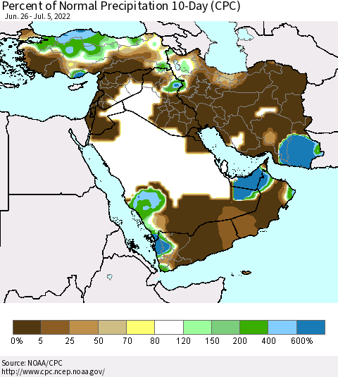 Middle East and Turkey Percent of Normal Precipitation 10-Day (CPC) Thematic Map For 6/26/2022 - 7/5/2022