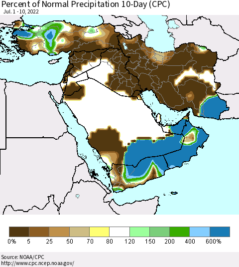 Middle East and Turkey Percent of Normal Precipitation 10-Day (CPC) Thematic Map For 7/1/2022 - 7/10/2022