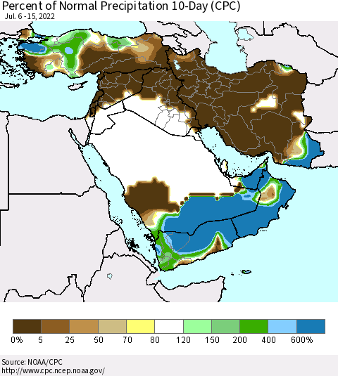 Middle East and Turkey Percent of Normal Precipitation 10-Day (CPC) Thematic Map For 7/6/2022 - 7/15/2022